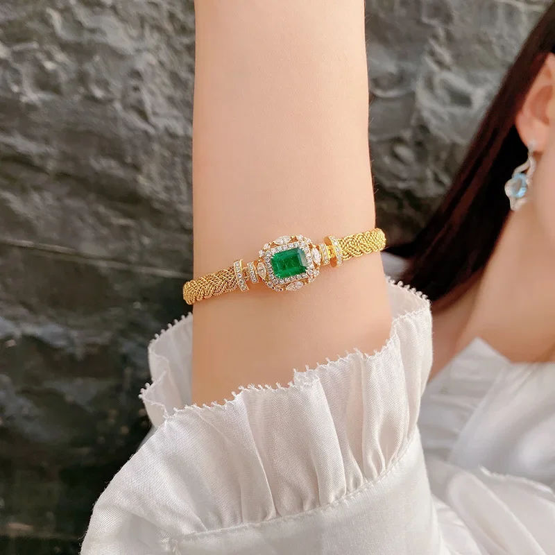 S925 Sterling Silber Armband Vintage Handgewebtes Smaragd Luxus Voll-Diamant Offenes Verstellbares Armband für Modebewusste Frauen – Detail 7