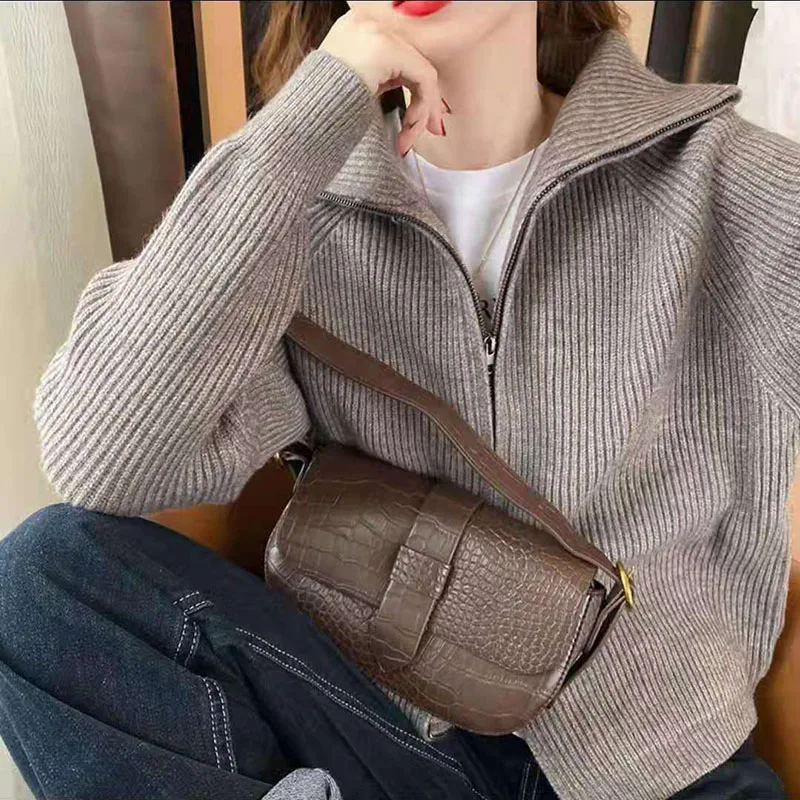 Zipper sweater female cardigan 2024 spring solid color sweet knit coat female Y2K comfortable soft Joker cardigan female