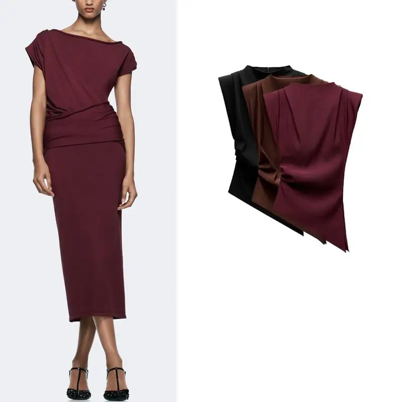 

Новый весенний женский повседневный топ со складными плечами из полиэфирной ткани, облегающий топ средней длины на молнии, цвет irt