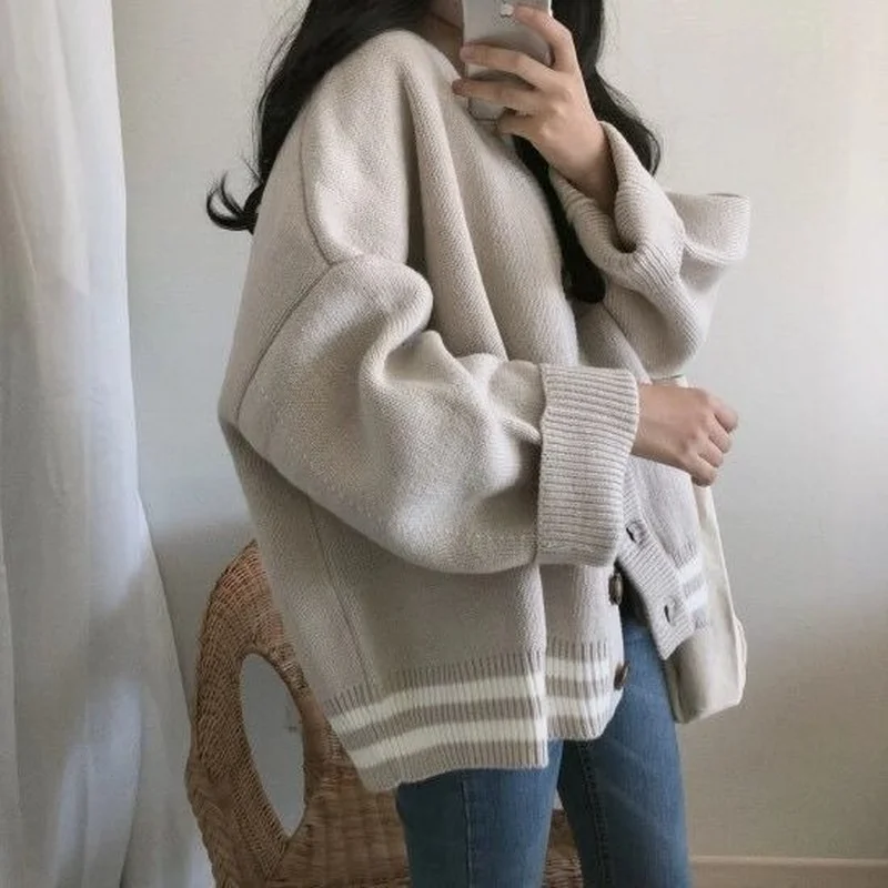 Cardigan Women Autumn Vintage Loose V-neck All-match Knitted Sweater Chic Patchwork Warm Outerwear Soft Simple Fashion Female