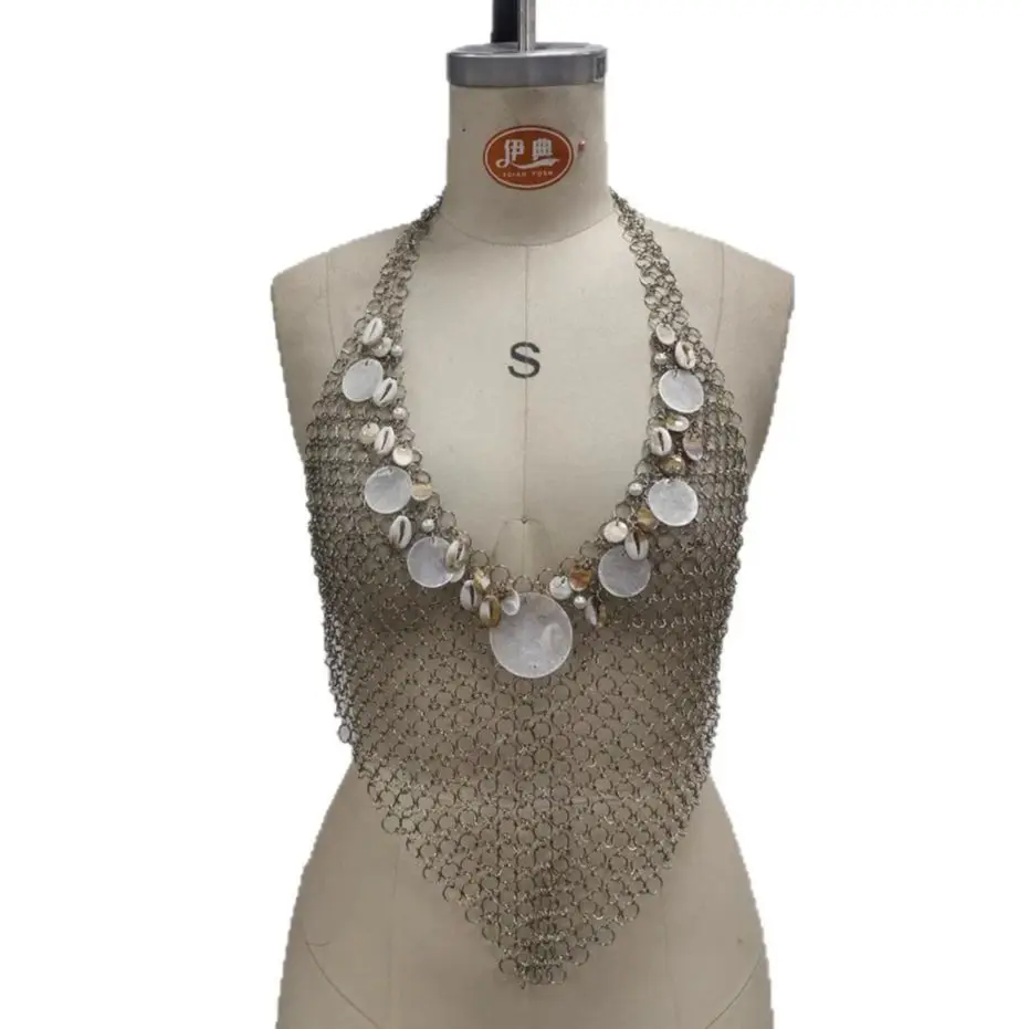 

Топ в богемном стиле с металлическим диском и блестками, ручная работа, подвеска в виде ракушки, цепочка для тела, Новое поступление, многослойный укороченный топ на шнуровке