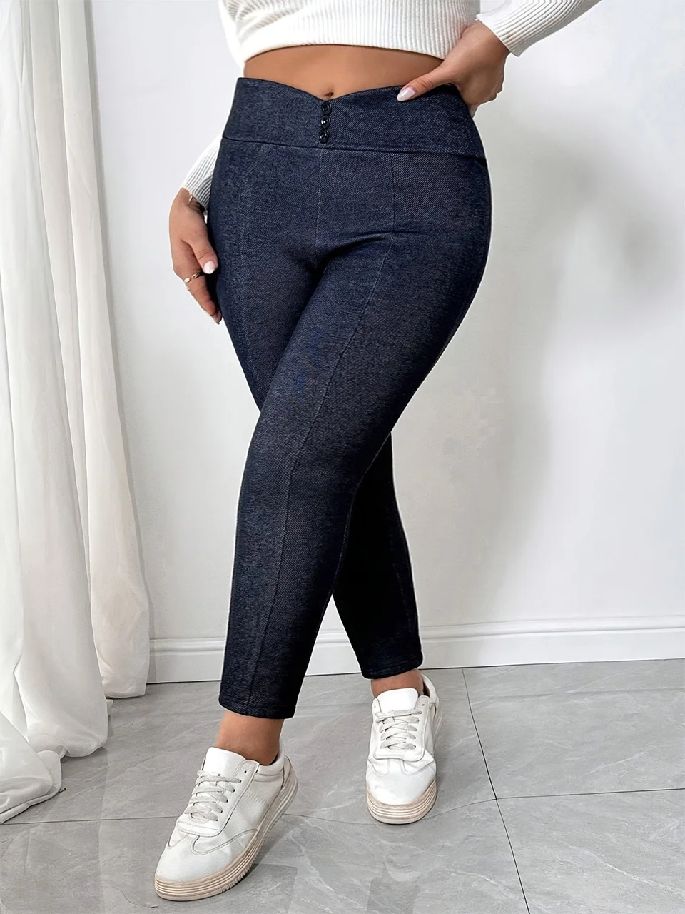 GIBSIE Plus Size Fashion Button Detail Thicken Pencil Pants Women 2025 Autumn Winter Fleece-lined Casual All Match Warm Pants