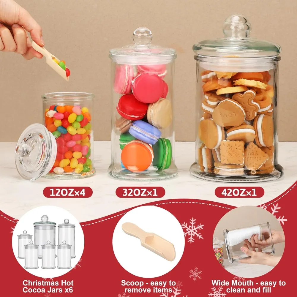 

6 Set Christmas Hot Chocolate Bar Supplies Large Glass Jars with Lids Spoons Labels Stickers Decor Cocoa Cookie Storage