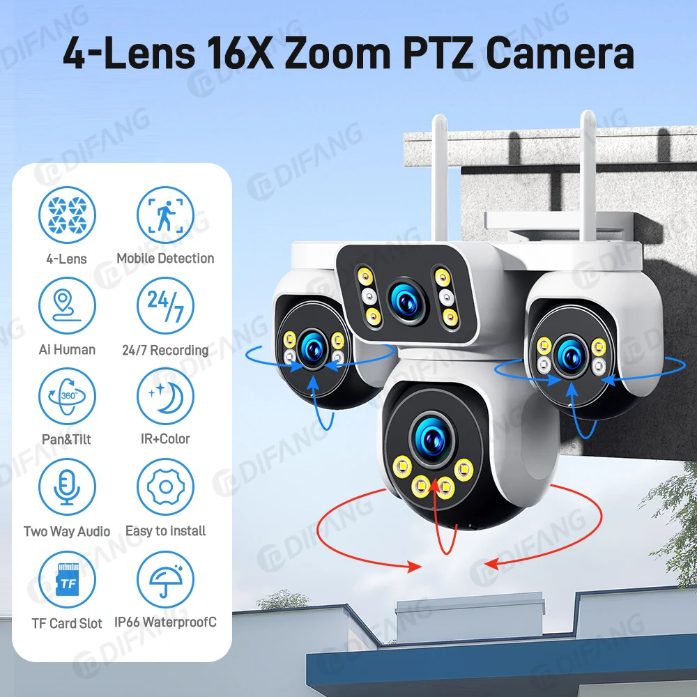 20MP 4 Lens 4 Screens WiFi PTZ Security Camera 12X Digital Zoom Outdoor AI Auto Tracking Human Detection Alarm Wireless CCTV Sur