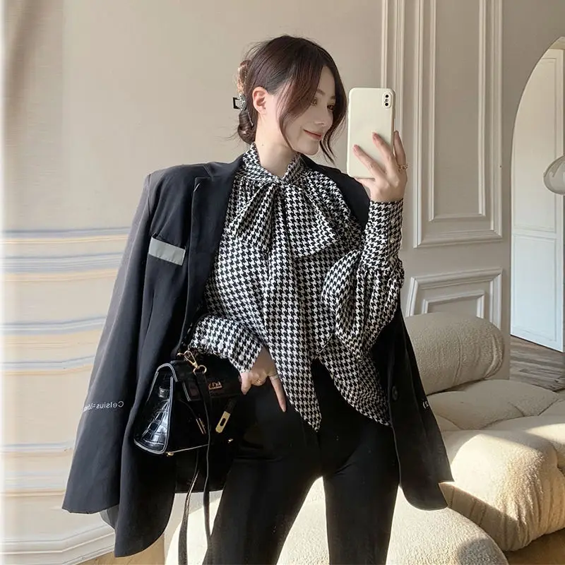 Blouses Women Long Sleeve Houndstooth Sweet Elegant Spring All-match Design Females Trendy Leisure Chic Korean Style Daily New