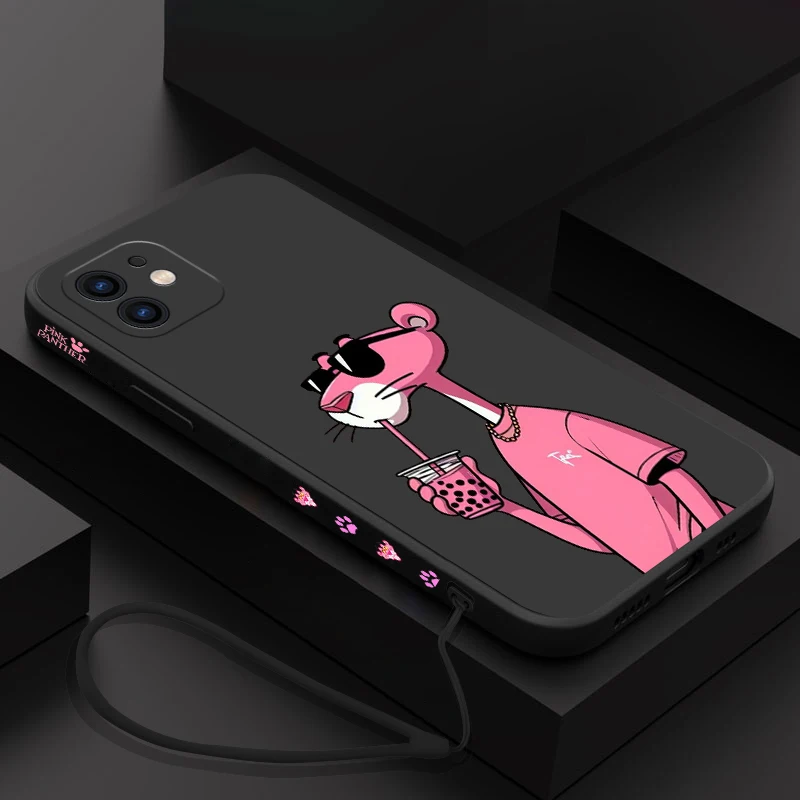 Cartoon Phone Case For iPhone 15 14 13 12 11 Pro Max Mini X XR XSMAX 8 7 Plus Pinks Panthers Soft Silicone Cover With Hand Strap