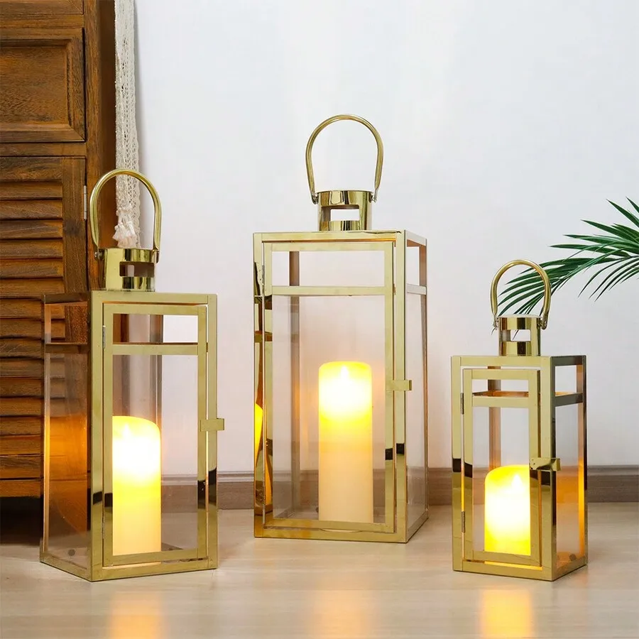 Stainless Steel Lantern Set Of 3, 19' Tall Metal Hanging Lanterns With Clear Glass Panels, Indoor & Outdoor Home Decor