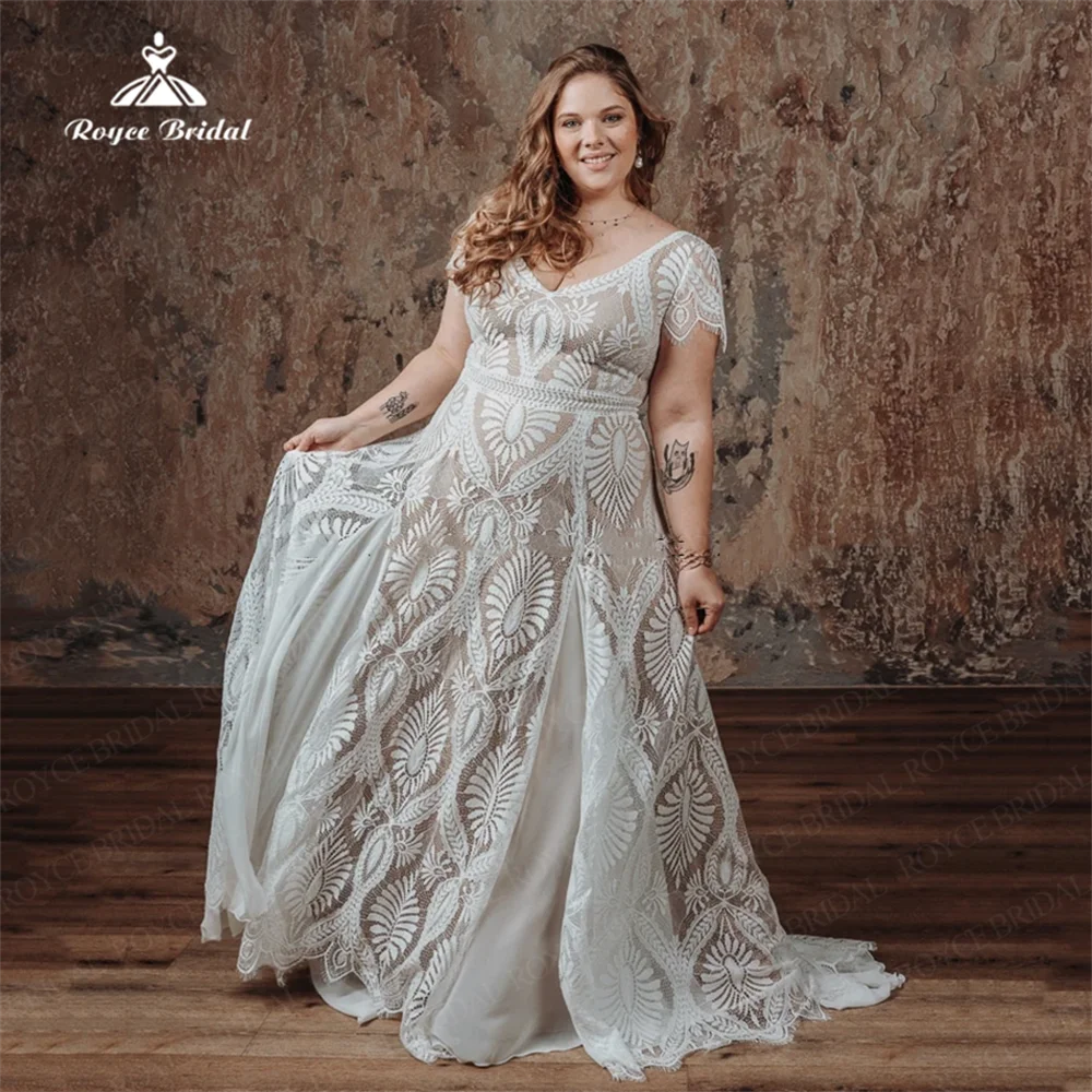 

Roycebridal, индивидуальный дизайн, искусственное кружево с V-образным вырезом, шифоновое платье с короткими рукавами, трапециевидной формы со шлейфом