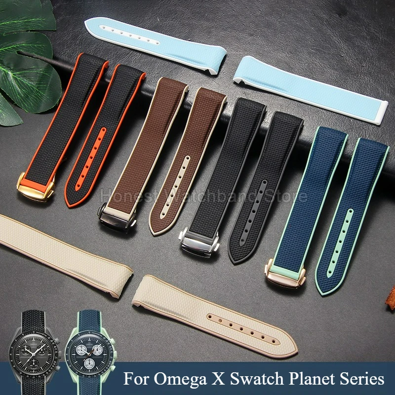 Breathable Sweatproof Anti-Microbial Curved Interface Folding Buckle Silicone Watch Strap 20mm for Omega X Swatch Planet Series