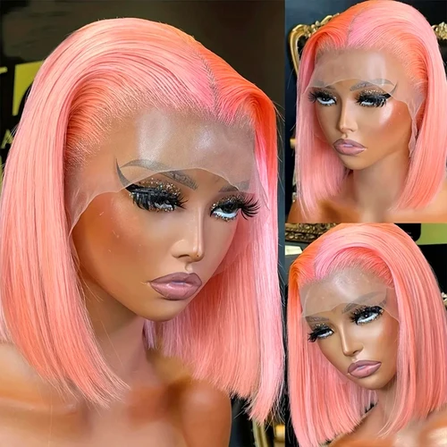 Imagen 2 del producto Peluca corta recta rosa roja rosa Bob cabello humano prearrancado 13x4 peluca Frontal de encaje transparente Color Bob 200% densidad 12 14 pulgadas