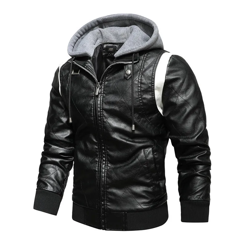 Men's Leather Jacket Hooded Stand Collar Detachable Zipper Closure Color Block Large Size Fashionable Streetwear