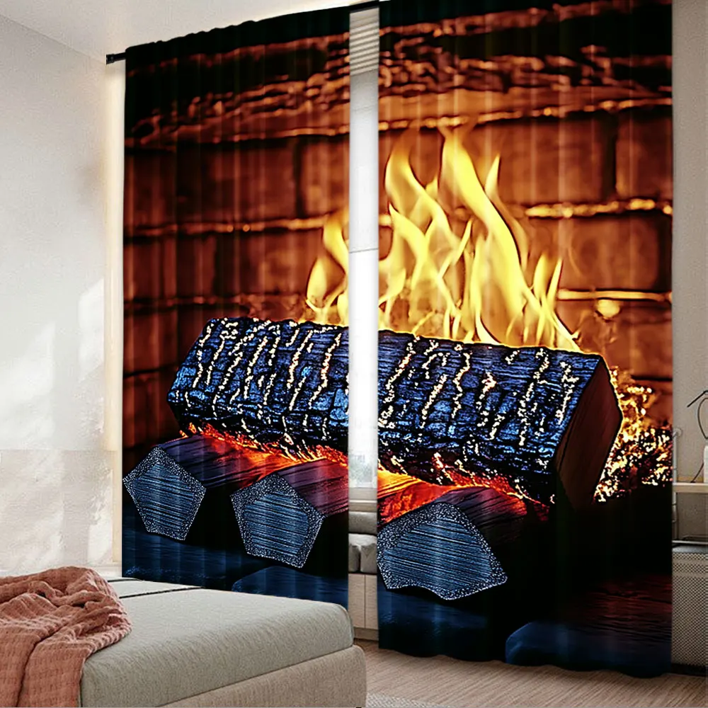 

2Pcs Burning Firewoods Curtain Large Fireplace Flaming Woods Window Drapes All Season Charm For Living Room Bedroom Home Decor A