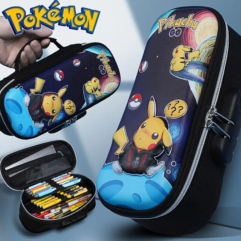 Pokemon Pikachu Password Lock Pencil Bag studente pennello di cancelleria a doppio strato 3D di grande capacità e scatola di immagazzinaggio della penna a colori