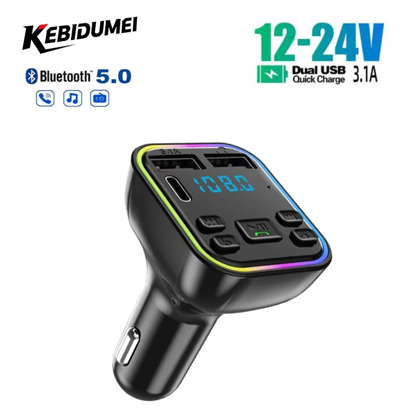 Transmisor FM Bluetooth para coche PD tipo C, reproductor ambiental USB Dual, cargador MP3 manos libres, luz inalámbrica tipo C, reproductor MP3 manos libres