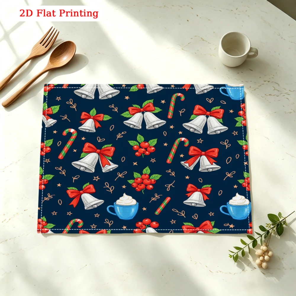 Christmas Bells And Candy Canes Kitchen Placemat Coaster Linen Pad Dish Coffee Cup Table Mat 30x40cm Home Decor