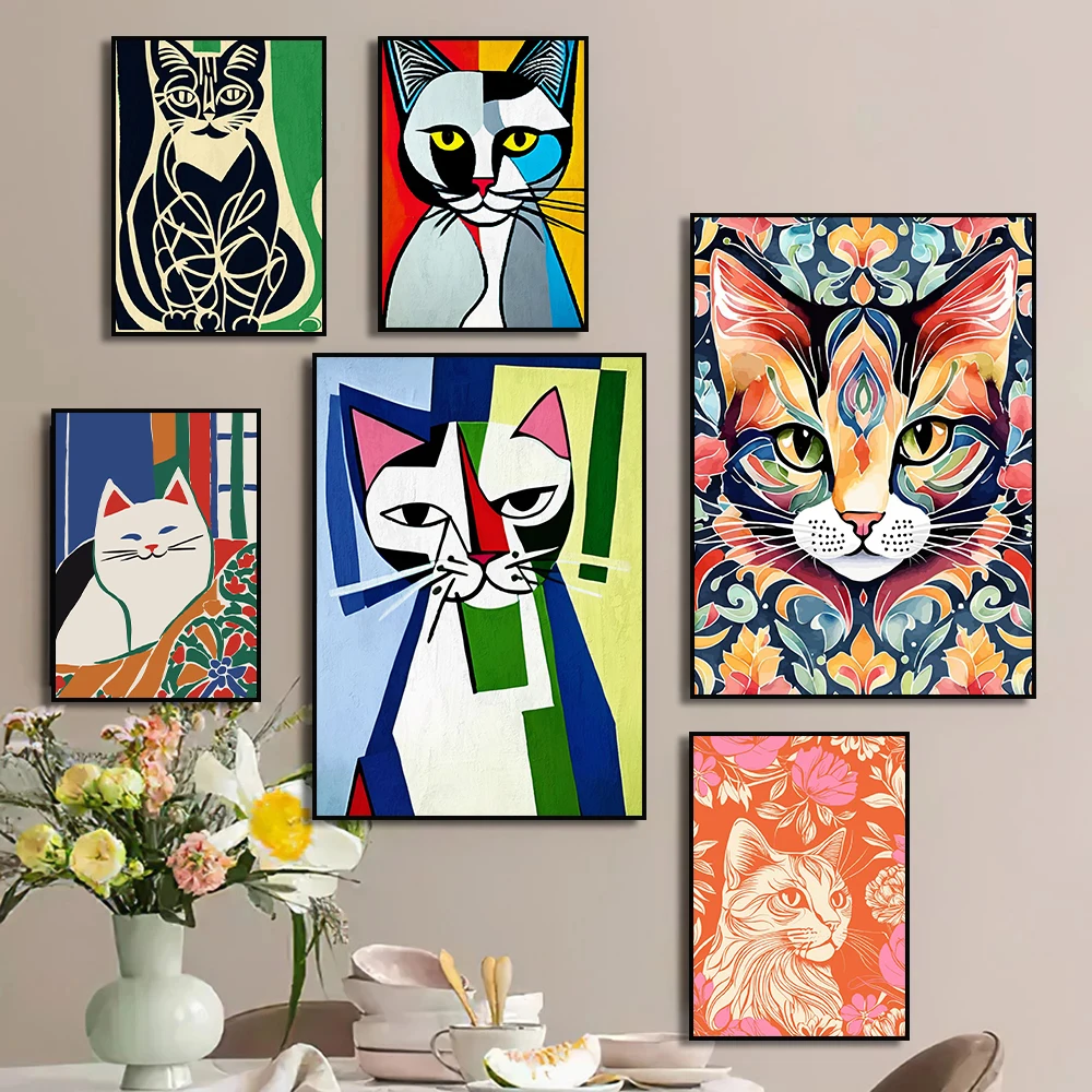 ملون مجردة الهندسة القط الملصقات ، سيارة بيضاء القط الأسود قماش اللوحة ، القطط صورة ، جدارية صور مضحكة ، ديكور المنزل