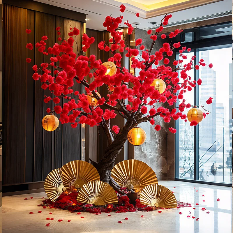 Customized large indoor artificial red plum tree simulation green plant hotel villa landscape decoration atmosphere