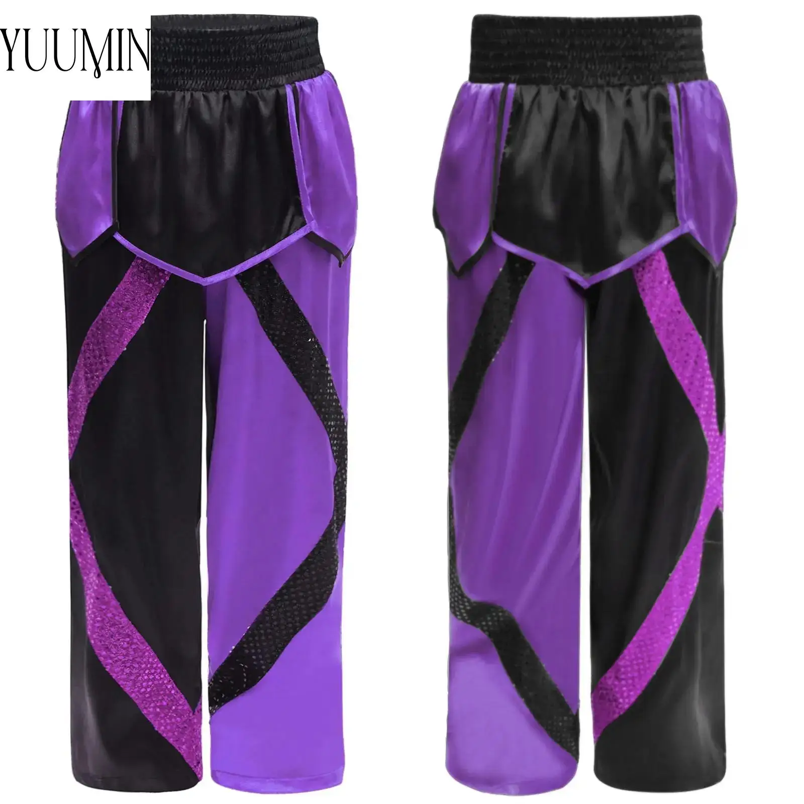 

Kids Boys Boxer Satin Pants Color Block Irregular Drapes Shiny Sequins Straight-Leg Trousers for Boxing Training Performance