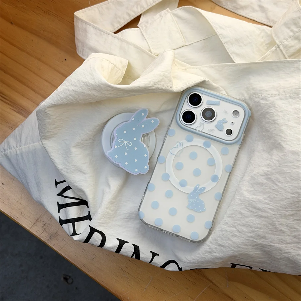 

Korean Polka Dot Rabbit Magnetic Phone Case for iPhone 14 Pro Max 13 14 15 17 Max 16 Pro Cover With Magsafe Stand Cute Cases