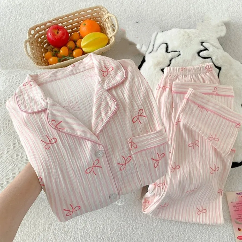 Mode Streifen Bogen Pyjamas Set Lose Beiläufige Lange Ärmel Pyjamas Hause Tragen Koreanischen Stil Zwei Stück Nachtwäsche Hause