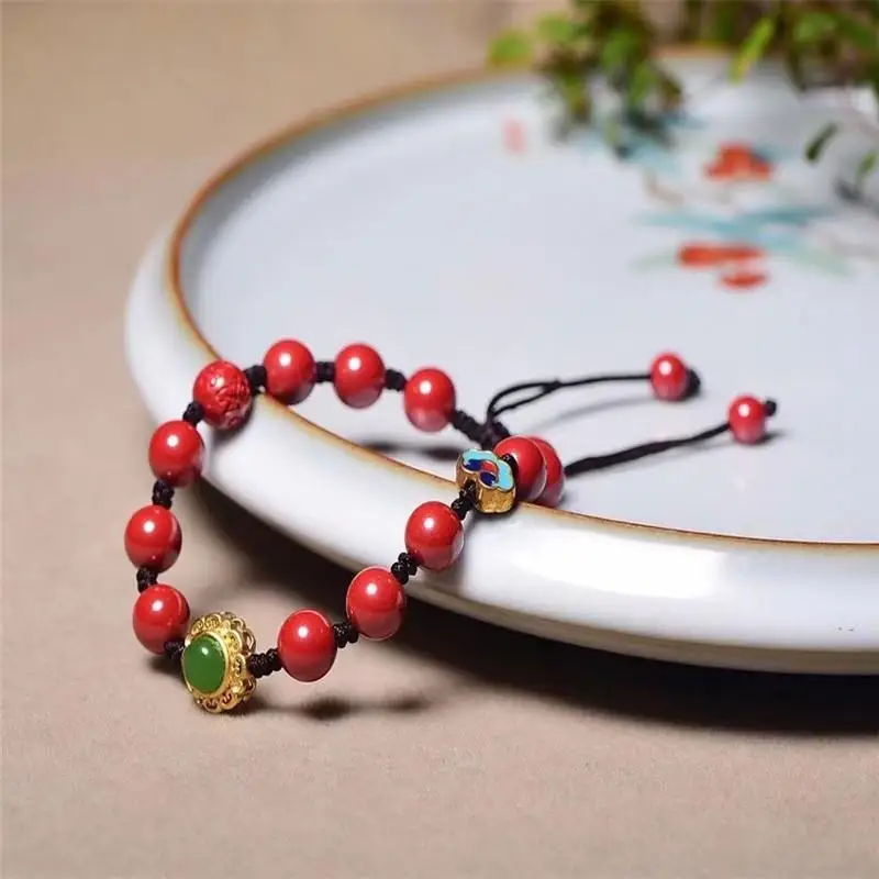Natural Raw Ore High Purity Cinnabar Braided Bracelet with Cloisonné Jasper Unisex Ethnic Style Protective Talisman Jewelry Gift