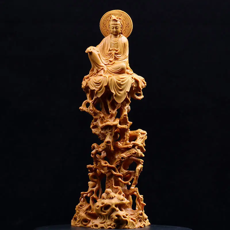 

Chinese Boxwood Wood Buddism GuanYin Bodhisattva Statue Solid Wood Feng Shui Ornaments Crafts Gift