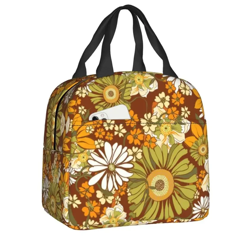 Boho 70s Vintage Hippie Flower Power Pattern Insulated Lunch Bags for Outdoor Picnic Resuable Thermal Cooler Bento Box Children