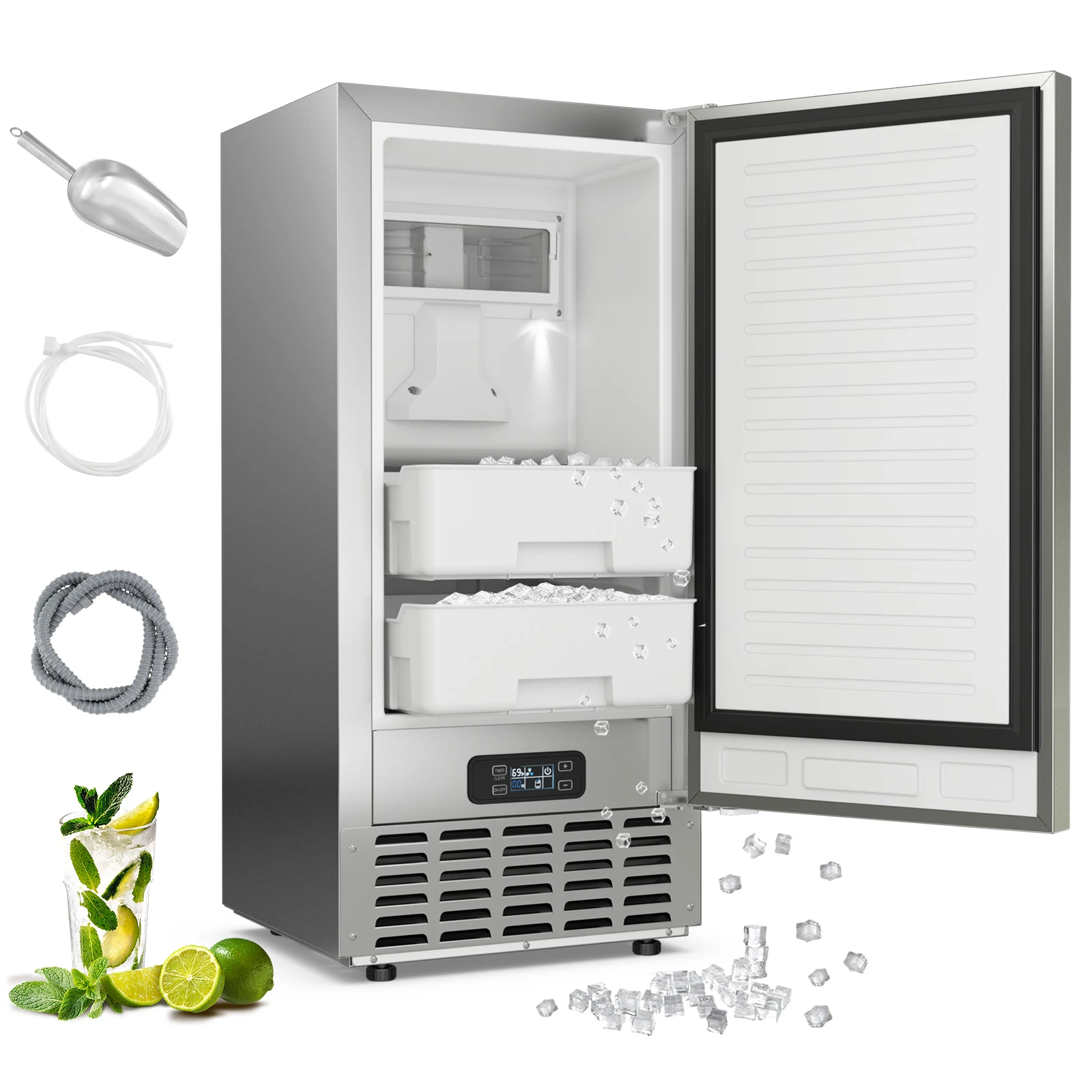 

Under Counter Nugget Ice Maker w/Self-Cleaning 80 lbs/Day 24H Timer LCD Control
