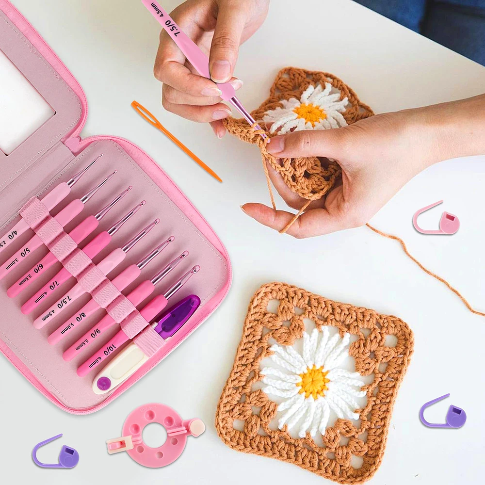 9 قطعة/المجموعة 2.0 مللي متر-6 مللي متر الوردي التدرج الألومنيوم الكروشيه السنانير مريح لينة مقبض الكروشيه مع حالة الكروشيه عدة للمبتدئين