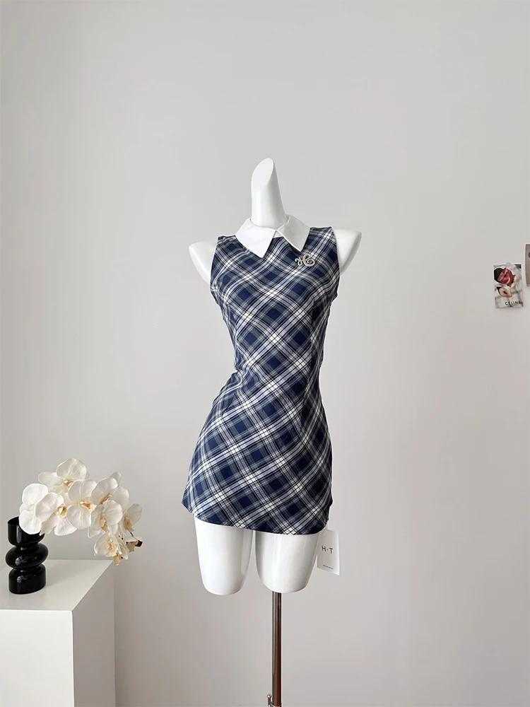 Summer Korean Fashion Graduation Mini Gyaru Plaid Preppy Sleeveless Dress Women 2000s Frocks Mori Girl One-Piece Aesthetic Party