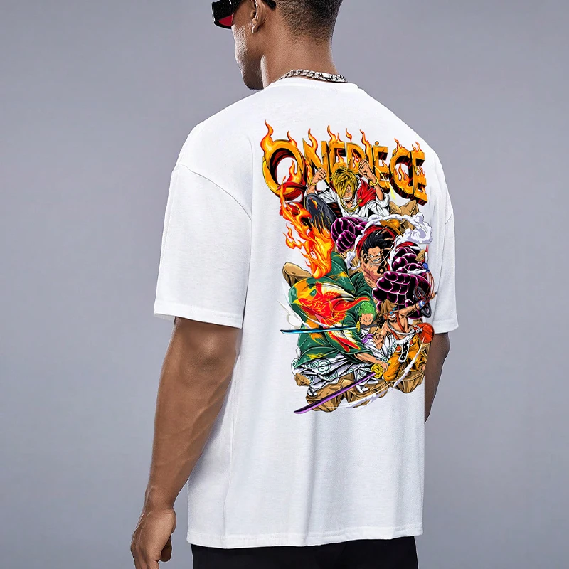 One Piece Oversized Anime Boy Luffy Print, Men's Graphic Design Crew Neck Novel T-shirt, Casual Comfy Tees Tshirts For Summer