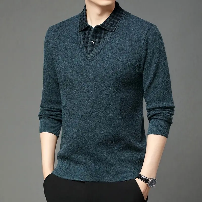 

Утепленный мужской свитер с флисовой подкладкой, имитация двухслойности, теплый зимний вязаный топ из материала PU, стиль CleanFit