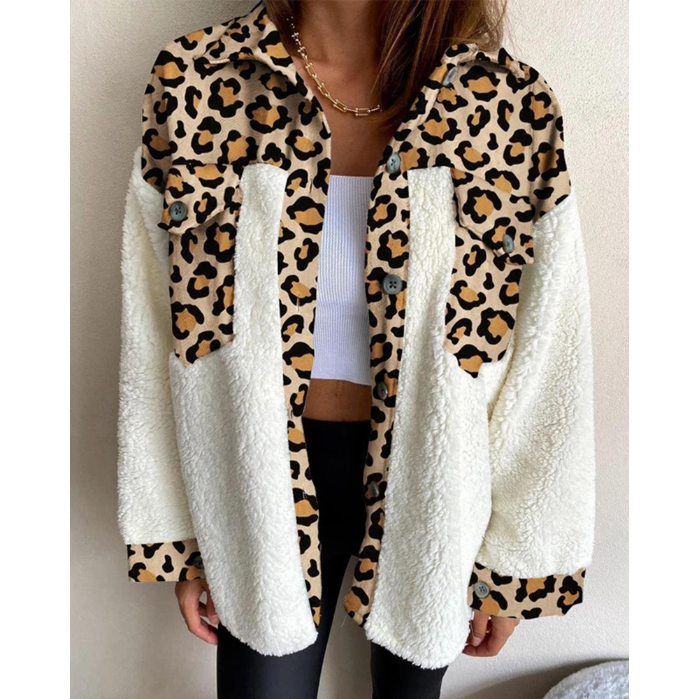 

Autumn/Spring Women Leopard Print Fluffy Patchwork Turn-down Collar Teddy Coat Fashion Femme Pocket Dec Shirt Jacket Clothes y2k