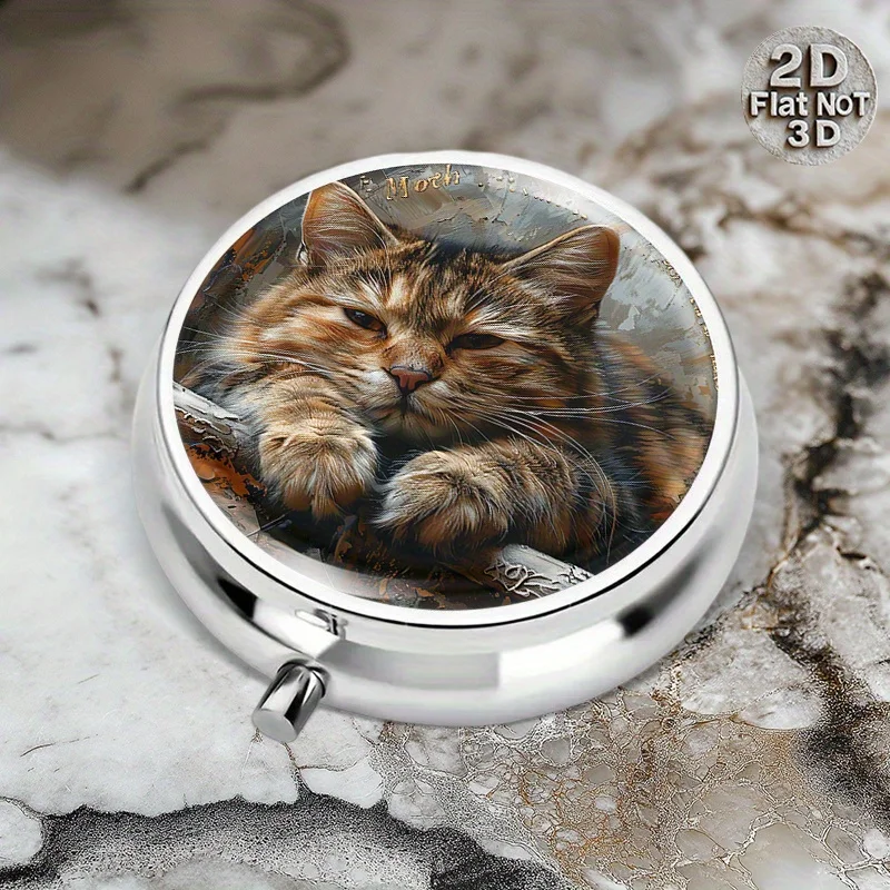 Flat, Portable, Round, Three-Compartment Metal Pill Box, Decorated with a Lying Cat Design, Suitable for Organizing Daily Vitamins or Medicines, Is an Ideal Gift for Mother's Day or International Peace Day, and Is Perfect for Storing Medicines and Preserving the Freshness of Vitamins