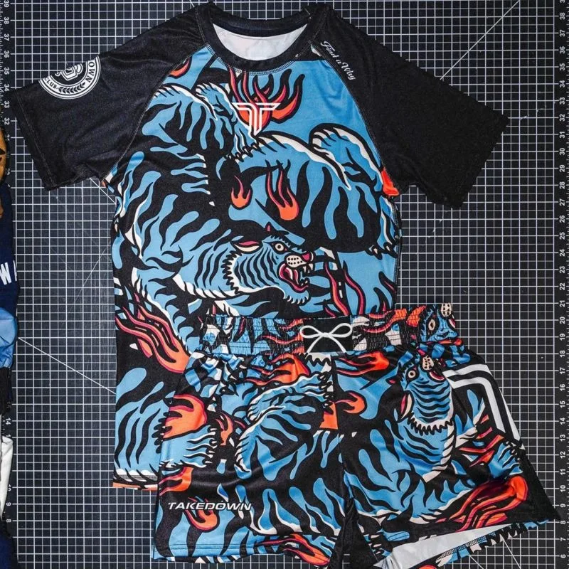 

2026 New Blue Fire Tiger Print Theme Fighting Suit Set, Quick-Drying and Anti-Abrasion Short-Sleeve Shorts Two-Piece Set, Unisex