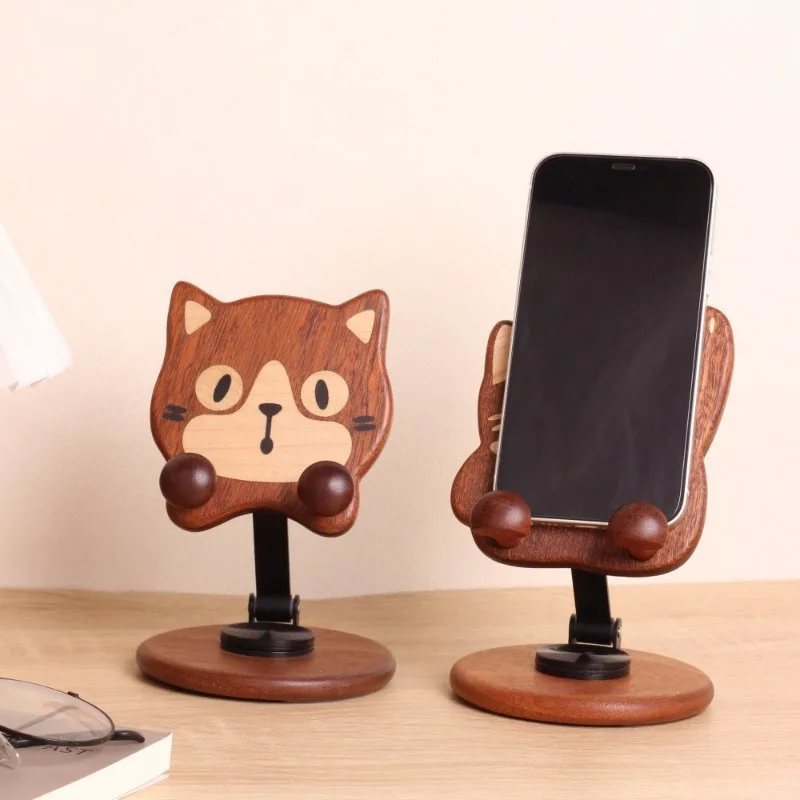 Creative Wood Cute Cat Tablet Phone Stand Hot Spring Theme Desktop Ornaments Office Workstation Lazy God Tool  Cat Gifts Crafts