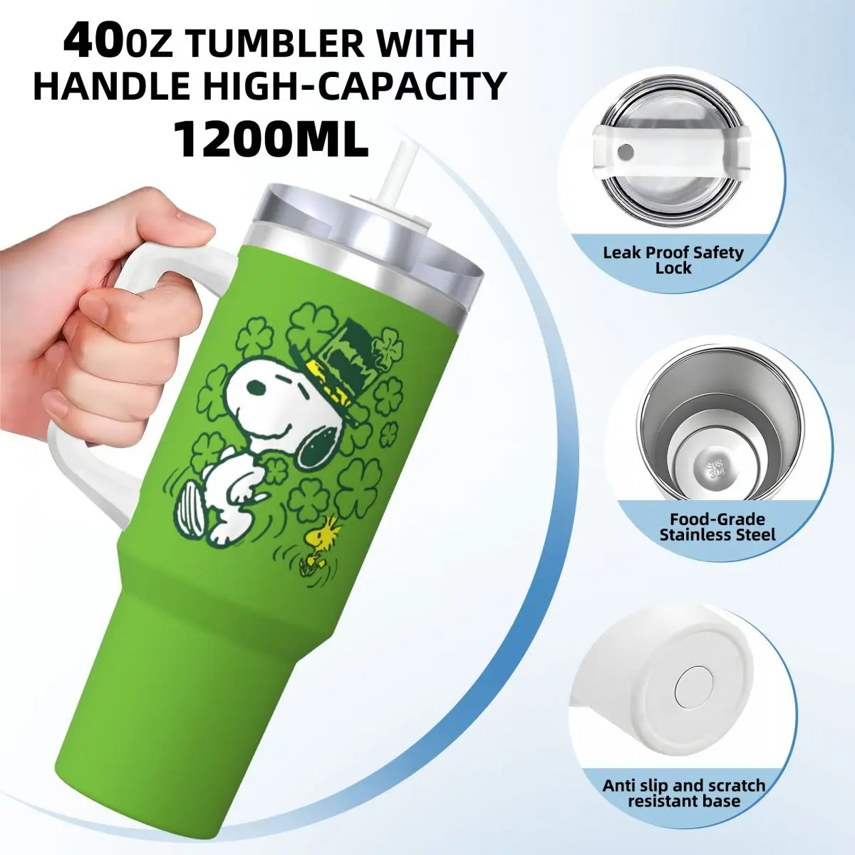 Peanuts Snoopy And Woodstock St. Paddy's Day Clovers Stainless Steel Tumbler Coffee Mug With Straws and Lid Large Car Mugs