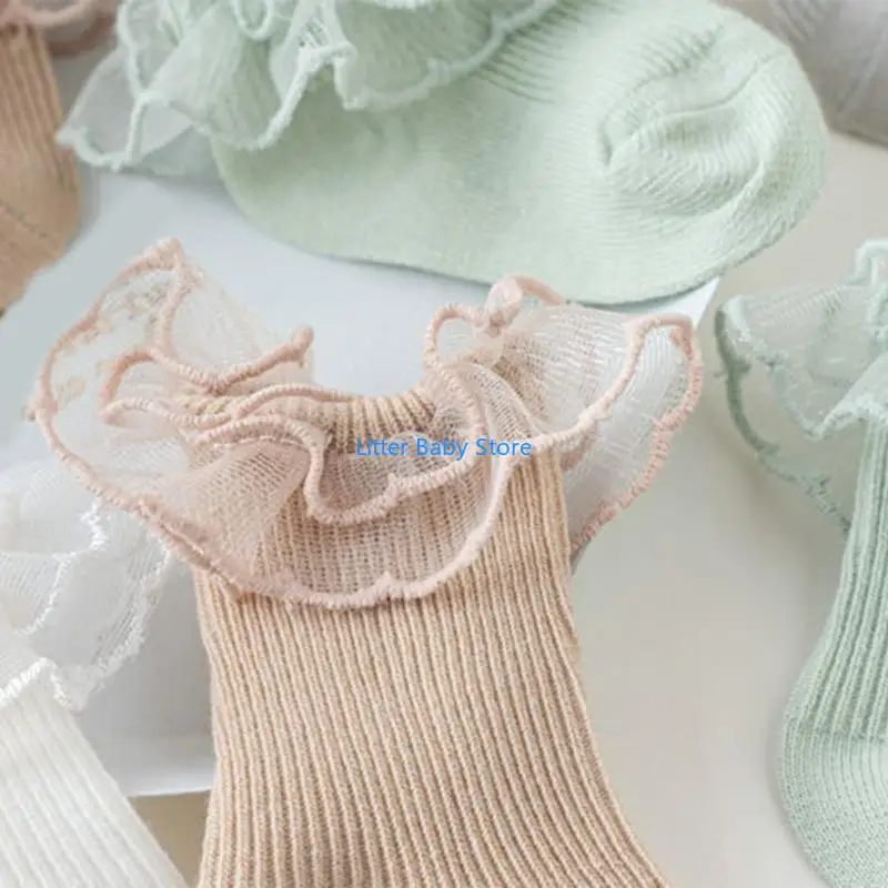 

N80C Nonslip Child Socks Elastic Ruffle Lace Socks Indoor Activity Socks Soft Ankle Socks Crawl Learning Toddlers Knit Socks