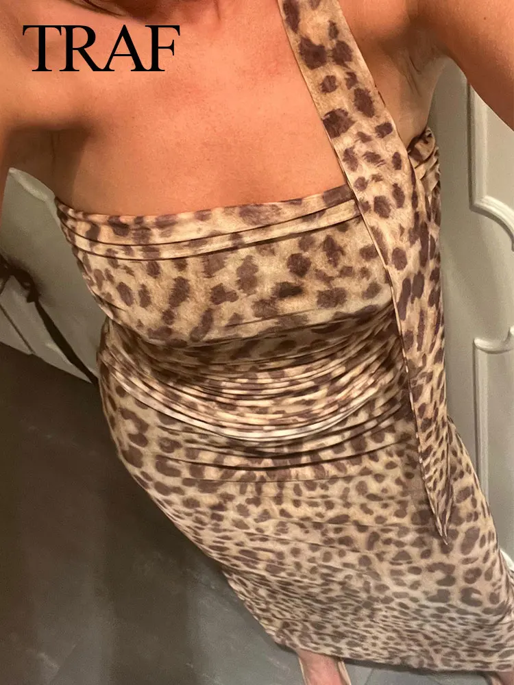 TRAF 2024 estate nuovi set da donna Tulle Halterneck pieghe Leopard Print Tube Top + a-line Chic Wild Streetwear gonna lunga femminile