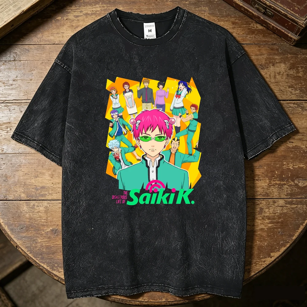 Saiki k cotton Vintage Washed t shirt teen hip hop graphic streetwear Graphic shirt harajuku aesthetic Psychedelic kawaii Y2k