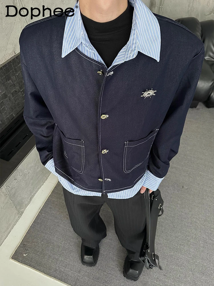 

Men's 2025 Winter New Stylish Retro Thickened Stand Collar Splicing Faux Two-Piece Jacket Coats Male Long Sleeve Handsome Coats