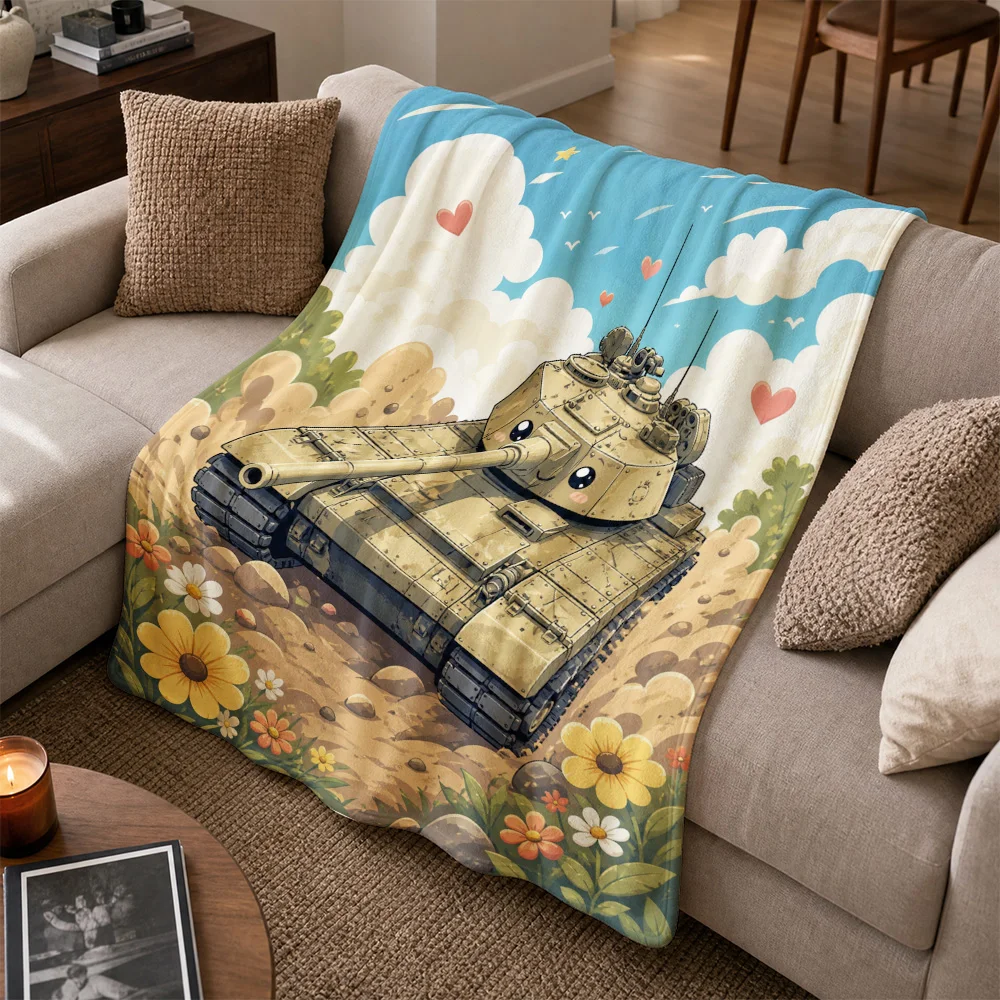 Whimsical Floral Tank Print Sofa Throw Blanket for Living Room Couch Decor Aesthetic Pop Art Home Accent Cozy Textile Gift