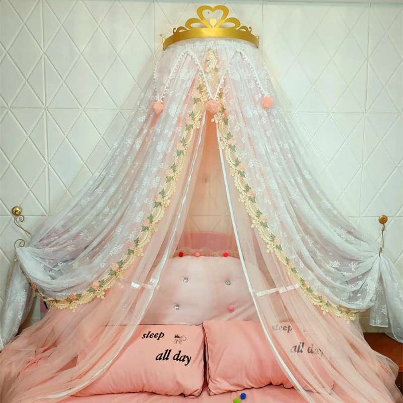 Princess Crown Mosquito Net Bed Curtain Zipper All-Inclusive Mosquito Protection Bedroom Wall Decor Embroidered Lace Bed Curtain