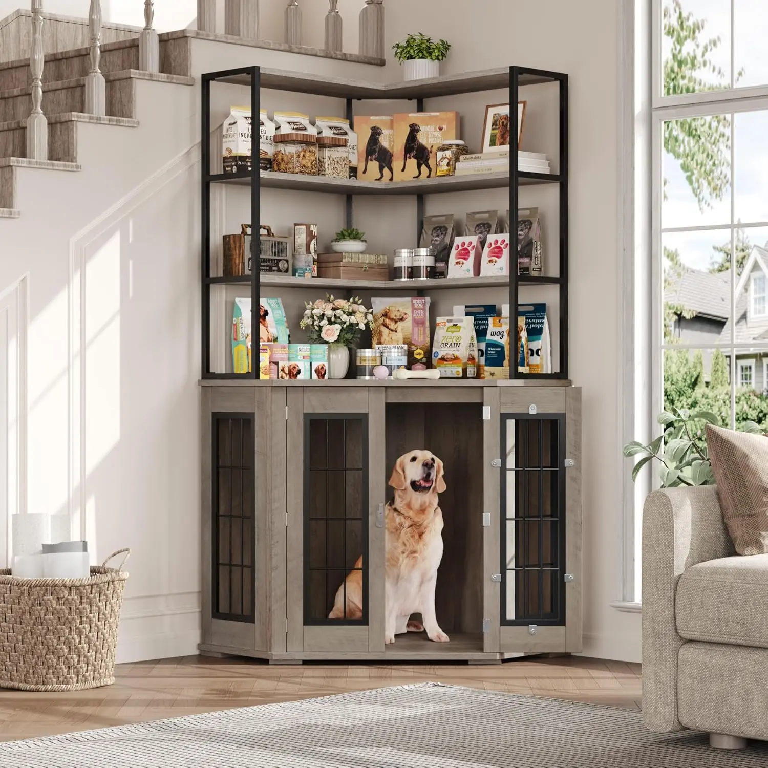 

Corner Dog Crate Furniture with Storage, Decorative Large Dog Kennel Indoor Furniture with Double