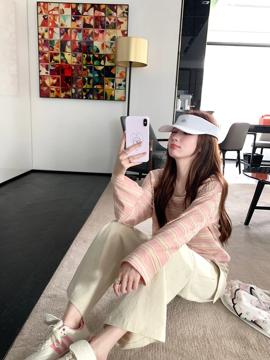 

Casual Striped T-irt Women's round Ne Loose Fit Lazy Sle Long Sve Sweatirt Breathable Spring Summer Cotton Blend