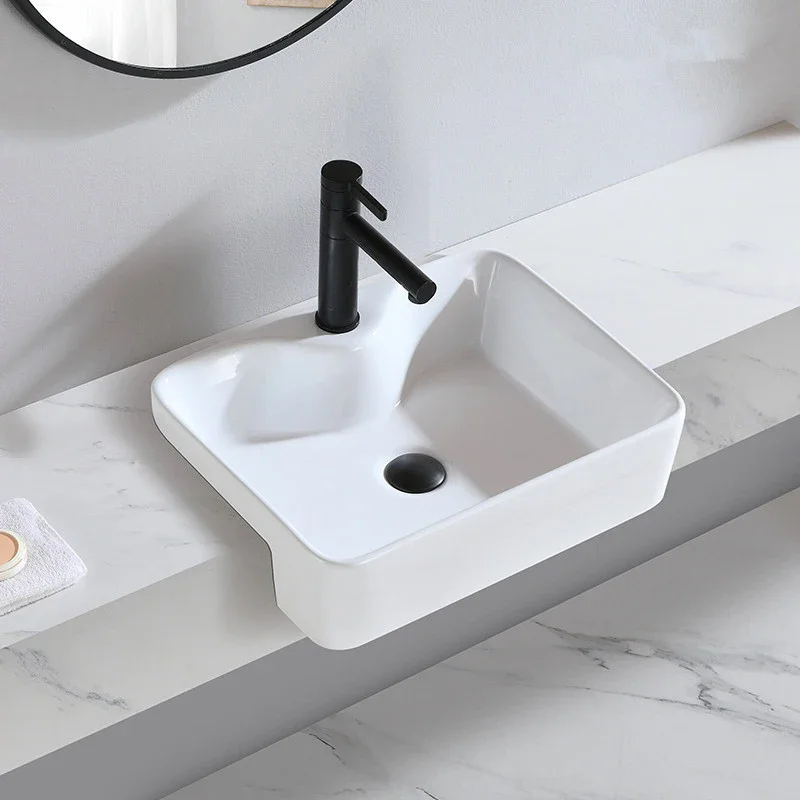 

White Ceramic Washbasin Bathroom Sink Countertop Semi-embedded Square Wash Basin Balcony Semi-Counter Sinks With Faucet Drain