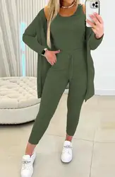 Conjunto de sartenes para mujer, camiseta sin mangas de manga larga con cuello redondo, pantalones con cordón, traje informal elegante, Otoño, 2023