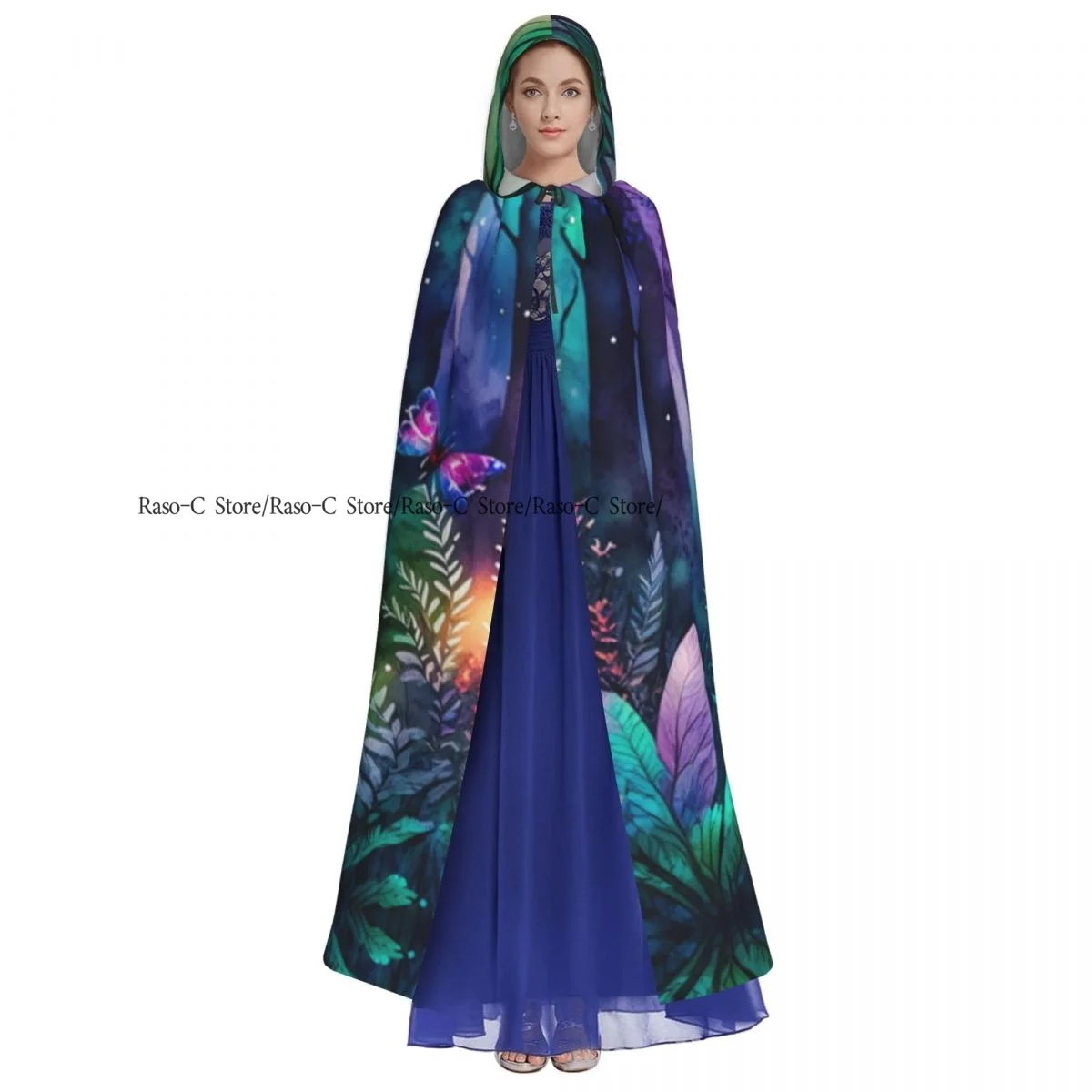 Unisex Witch Party Reversible Hooded Adult Vampires Cape Cloak Magic Forest With Butterflies