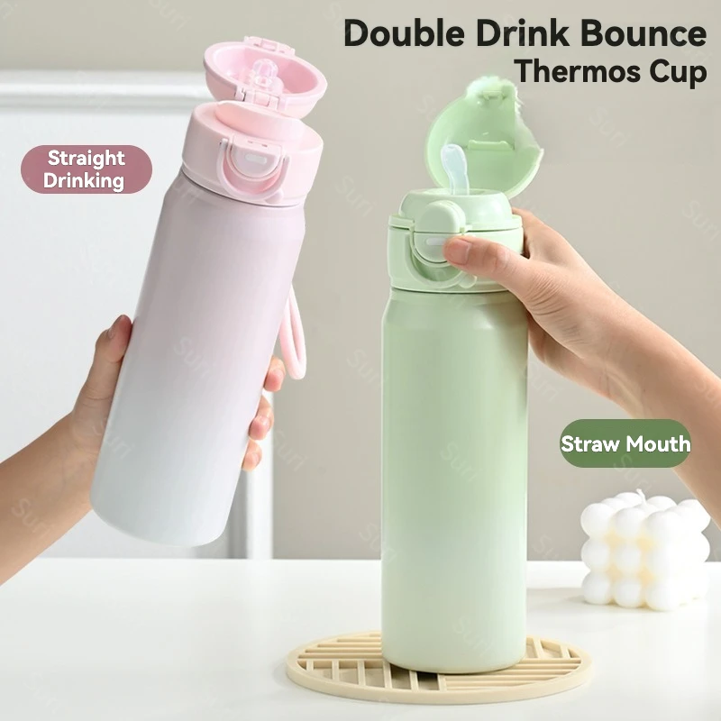 

680ml Gradient Color Stainless Steel Thermos Cup Hot Cold Vacuum Flask Double Drink Lids Straw Leakproof Portable Rope Handle