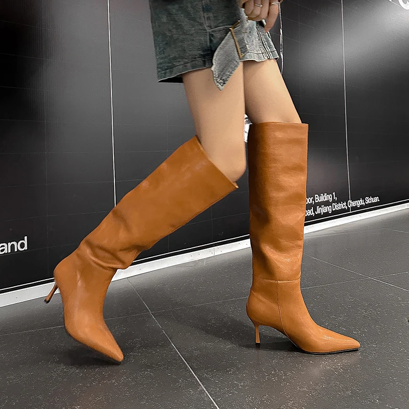 

Brand Knee High Boots Women 2024 New Genuine Leather Winter Autumn High Boots Female Black Heel Pointed Quality Long Party Shoes